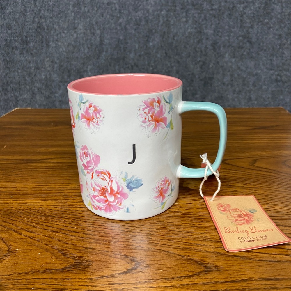 Blushing Blossoms Collection Home Essentials Pink Floral Mug J Monogram 18oz NWT